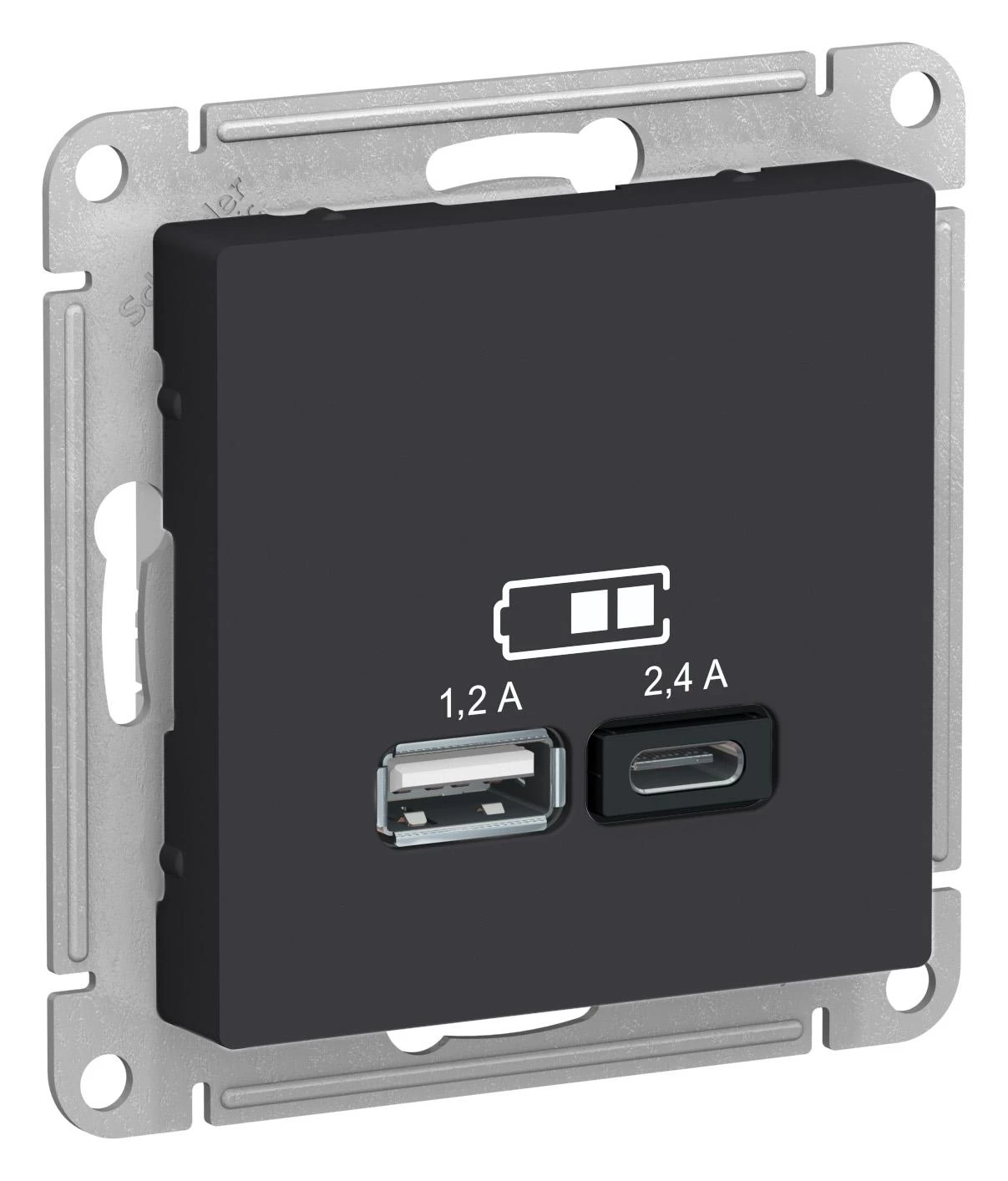  артикул ATN001039 название Розетка USB 2-ая Тип А+С, 2400 мА (для подзарядки), Карбон, серия Atlas Design, Schneider Electric