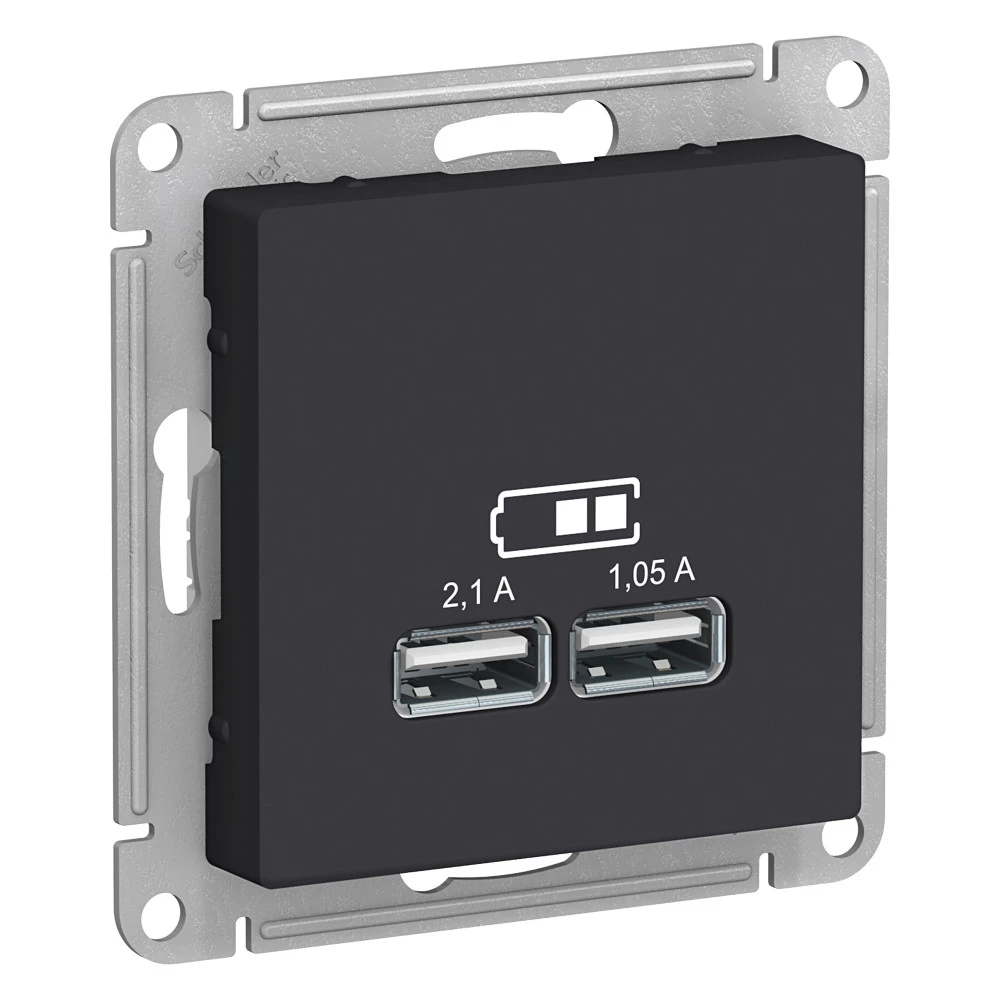  артикул ATN001033 название Розетка USB 2-ая 2100 мА (для подзарядки), Карбон, серия Atlas Design, Schneider Electric