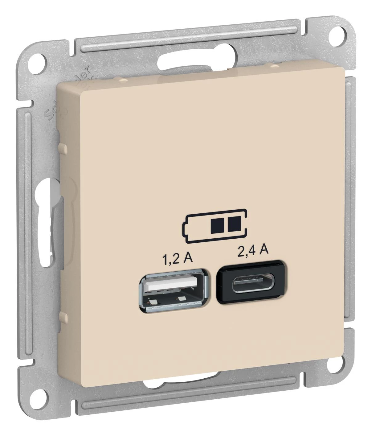  артикул ATN000239 название Розетка USB 2-ая Тип А+С, 2400 мА (для подзарядки), Бежевый, серия Atlas Design, Schneider Electric