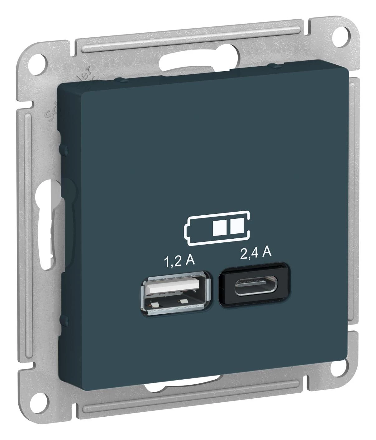  артикул ATN000839 название Розетка USB 2-ая Тип А+С, 2400 мА (для подзарядки), Изумруд, серия Atlas Design, Schneider Electric