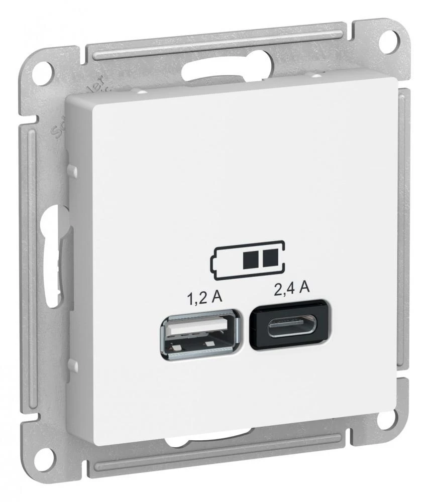  артикул ATN001339 название Розетка USB 2-ая Тип А+С, 2400 мА (для подзарядки), Белый Лотос, серия Atlas Design, Schneider Electric